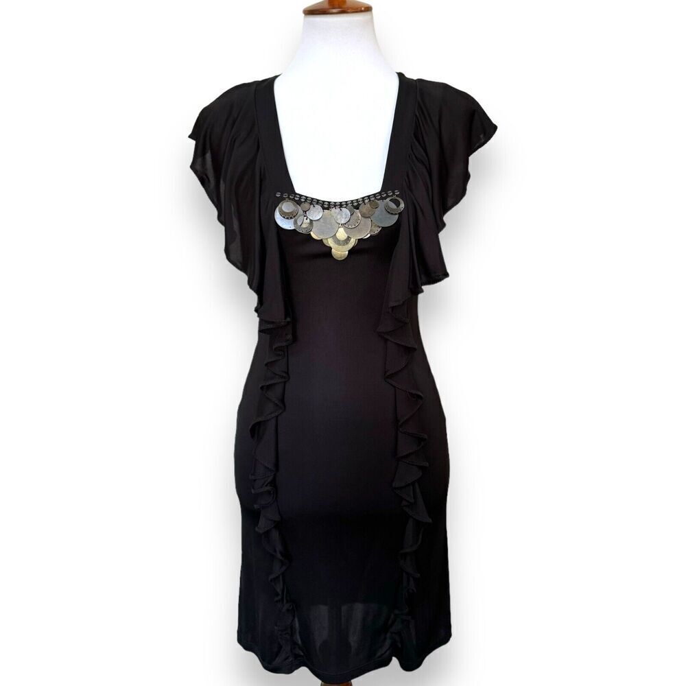 Karen Millen Womens Sheath Dress Black Flutter Sleeve Square Neck Embellished 6